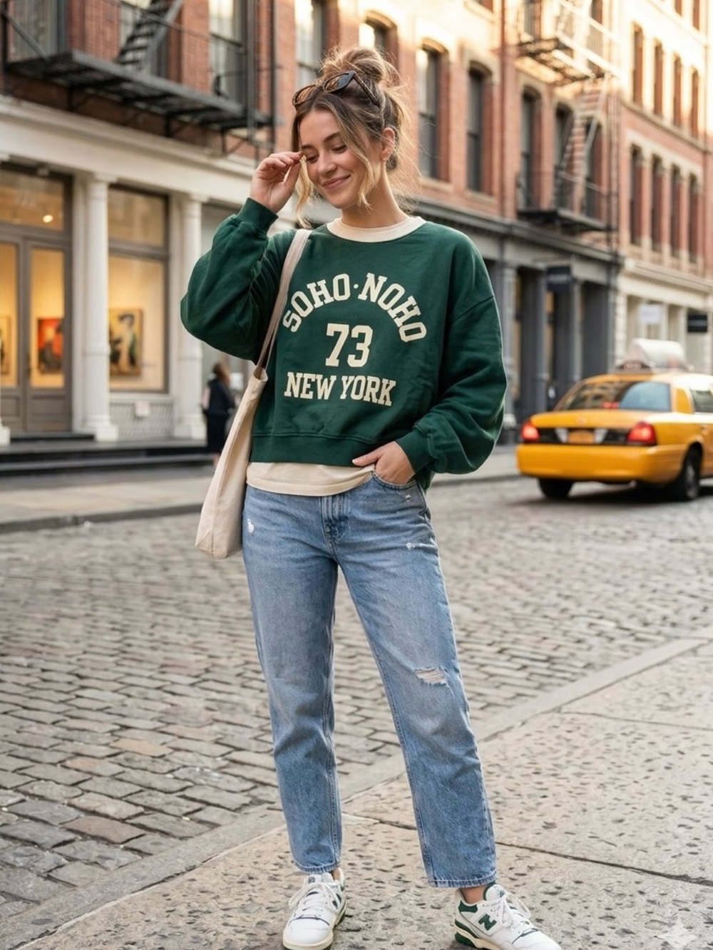 ZARA Women's Green Graphic Crewneck Pullover Sweatshirt soho-noho 73 NY - size L